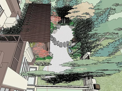 Traditional Karesansui Zen Garden Featuring Stone Path And Lush Green Plants 3d model