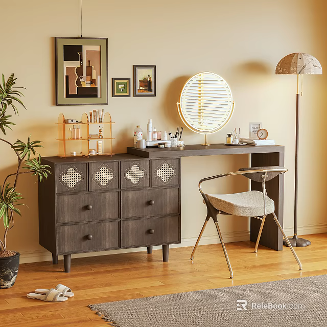 Dark Wooden Dressing Table With Lattice Drawers Round Shutter Mirror Cosmetics And Chair 3d model 