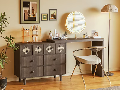 Dark Wooden Dressing Table With Lattice Drawers Round Shutter Mirror Cosmetics And Chair 3d model
