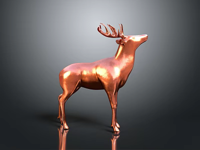 Copper Deer Statue with Antlers in Standing Pose on Reflective Background 3d model