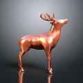 Copper Deer Statue with Antlers in Standing Pose on Reflective Background 3d model
