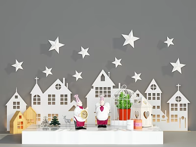 Magical Photo Check-in Spot With White Stars House Silhouettes Cartoon Characters And Birdcage 3d model