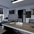 Modern Office Interior Design With Sofa Coffee Table Desk Computer Wall Art And Striped Carpet