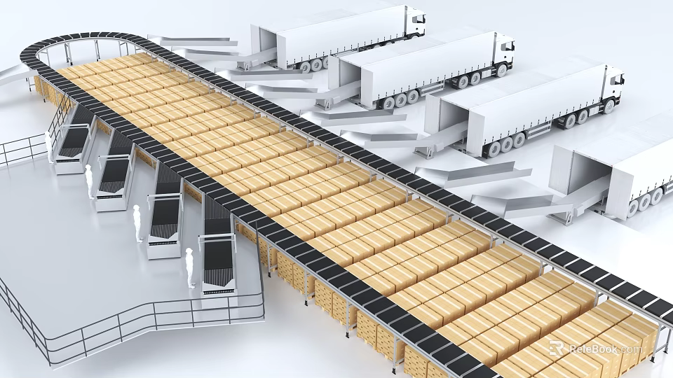 Modern Industrial Warehouse Logistics Facility With Conveyor Belt Wooden Crates And Delivery Trucks 3d model 