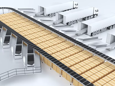 Modern Industrial Warehouse Logistics Facility With Conveyor Belt Wooden Crates And Delivery Trucks 3d model