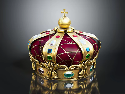 Exquisite Gold Crown Jewelry With Red Enamel And Colorful Gemstones Featuring Cross Top Design 3d model