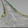 Waterfront Walkway Design With Cobblestone Pavement Green Railings And Grass