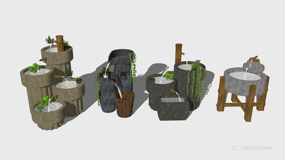 Creative Garden Ornaments with Stone Wood Containers Green Vines and Water Features 3d model 