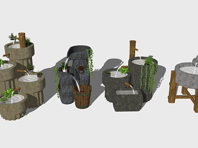 Creative Garden Ornaments with Stone Wood Containers Green Vines and Water Features 3d model