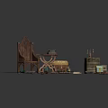 Architectural Scattered Model Pieces With Wooden Chair Books Boxes And Round Stool