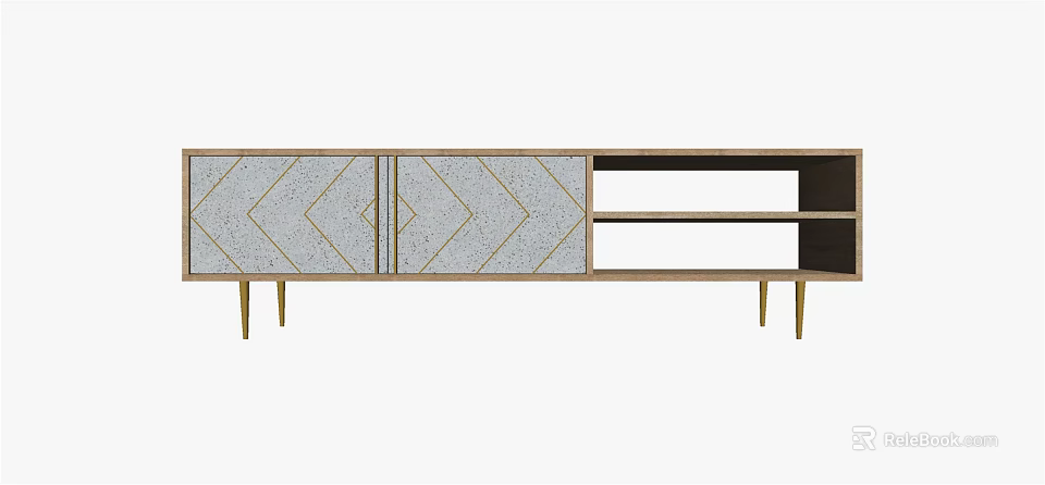 Modern TV Stand With Geometric Diamond Pattern Grey Cabinet Gold Metal Handles And Open Shelf Design 3d model 