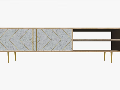 Modern TV Stand With Geometric Diamond Pattern Grey Cabinet Gold Metal Handles And Open Shelf Design 3d model