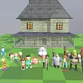 Cartoon Characters Standing in Front of Classic House with Green Lawn and Group Gathering