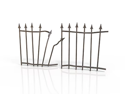 Broken Iron Fence With Pointed Tops And Horizontal Metal Bars 3d model