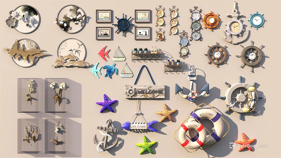 Nautical Themed Wall Decor Collection With Ship Wheels Starfish Anchors And Lifebuoys 3d model 