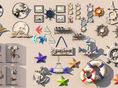 Nautical Themed Wall Decor Collection With Ship Wheels Starfish Anchors And Lifebuoys 3d model