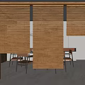Natural Wood Window Blinds In Modern Dining Area Interior With Wooden Furniture