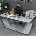 Modern Office Desk With Geometric Design Mac Computer Desk Lamp Yellow Flowers And Notebook