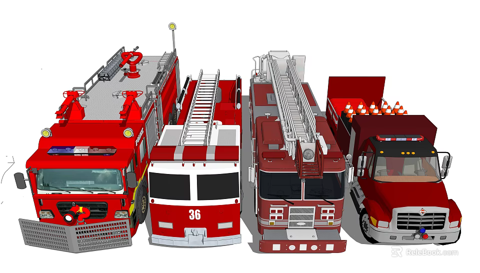 Red Fire Trucks With Ladders And Emergency Equipment For Rescue Missions 3d model 