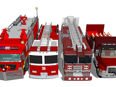 Red Fire Trucks With Ladders And Emergency Equipment For Rescue Missions 3d model