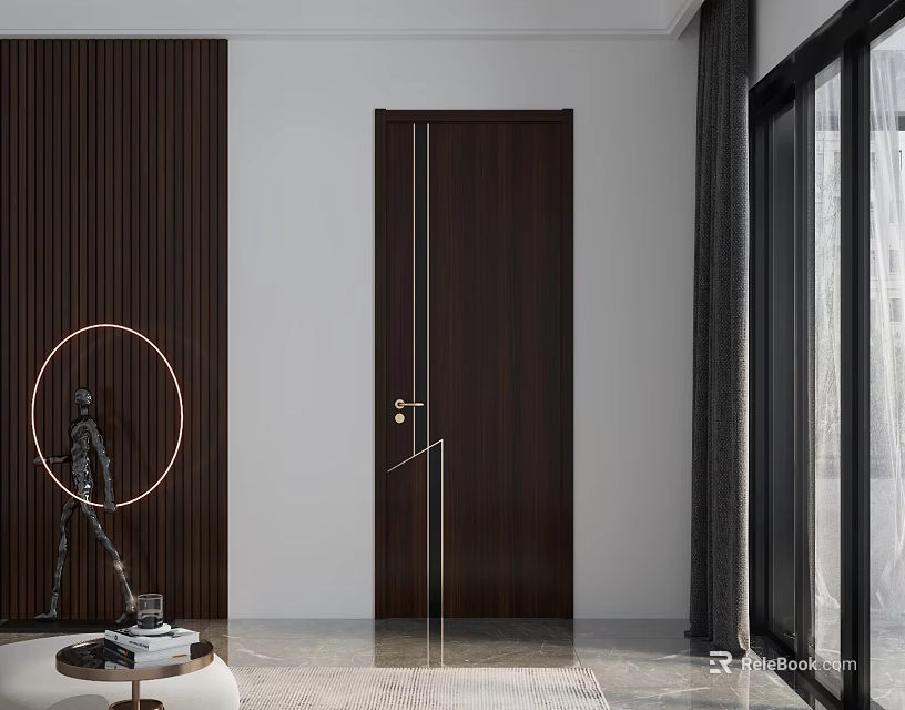 Modern Dark Brown Hinged Door With Gold Handle And Metal Strips In Interior Space 3d model 