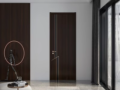 Modern Dark Brown Hinged Door With Gold Handle And Metal Strips In Interior Space 3d model
