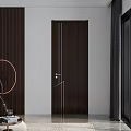 Modern Dark Brown Hinged Door With Gold Handle And Metal Strips In Interior Space