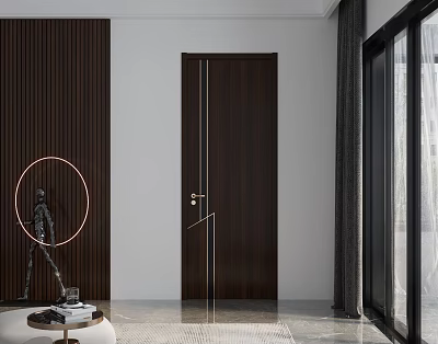Modern Dark Brown Hinged Door With Gold Handle And Metal Strips In Interior Space 3d model