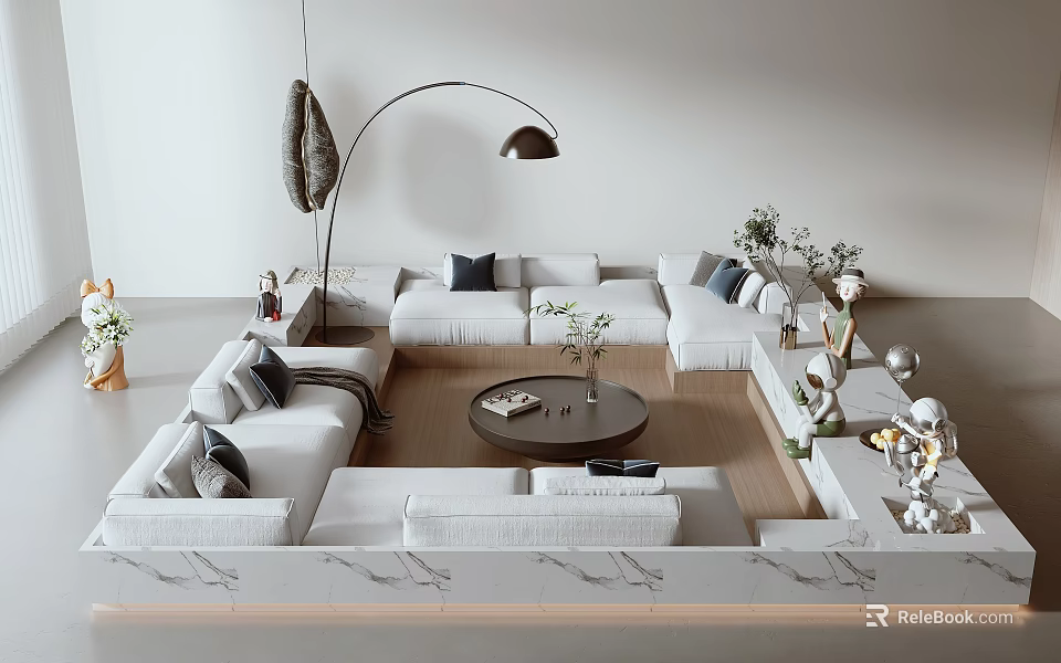 Modern White Sofa and Coffee Table Set With Decorative Pillows And Marble Top 3d model