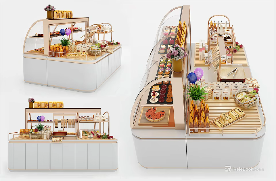 Elegant Bakery Display Shelves with Glass Doors and Layered Pastry Arrangements 3d model 