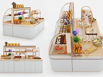 Elegant Bakery Display Shelves with Glass Doors and Layered Pastry Arrangements 3d model