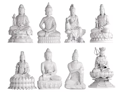 Hand Carved White Buddhist Sculptures With Sitting Posture Various Poses And Lotus Base 3d model