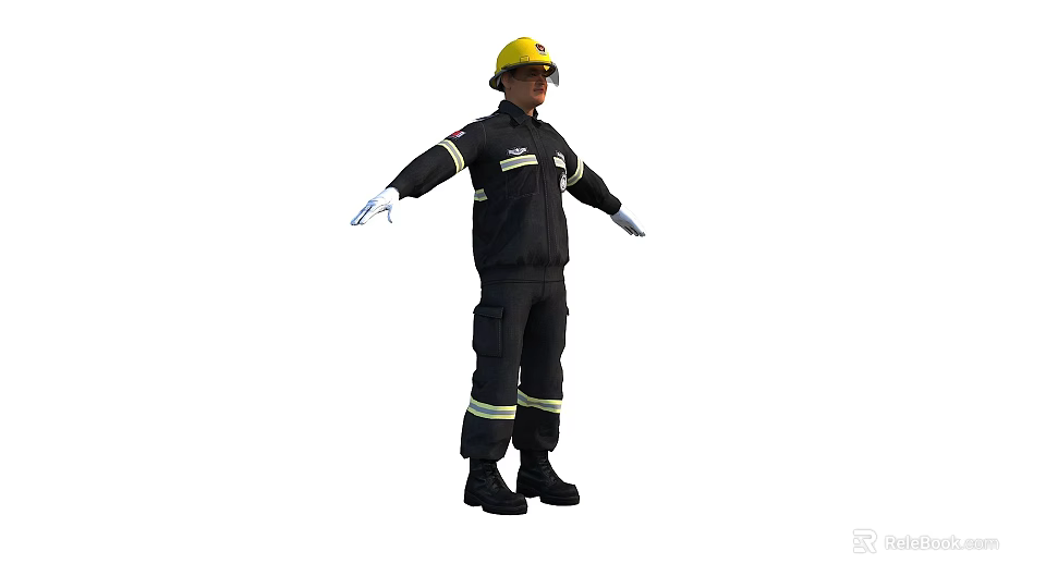 Firefighter Wearing Black Firefighting Uniform and Yellow Helmet Standing with Arms Outstretched 3d model 