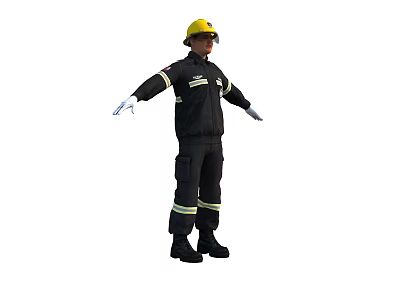 Firefighter Wearing Black Firefighting Uniform and Yellow Helmet Standing with Arms Outstretched 3d model