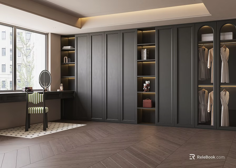 Modern Luxury Walk in Closet With Dark Cabinets Open Shelves Natural Light And Herringbone Flooring 3d model 