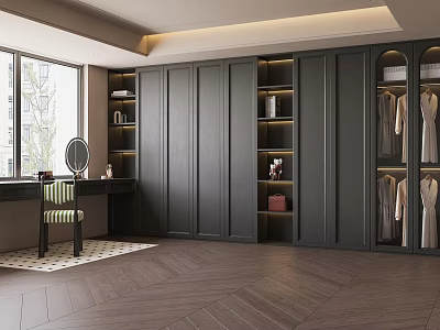 Modern Luxury Walk in Closet With Dark Cabinets Open Shelves Natural Light And Herringbone Flooring 3d model
