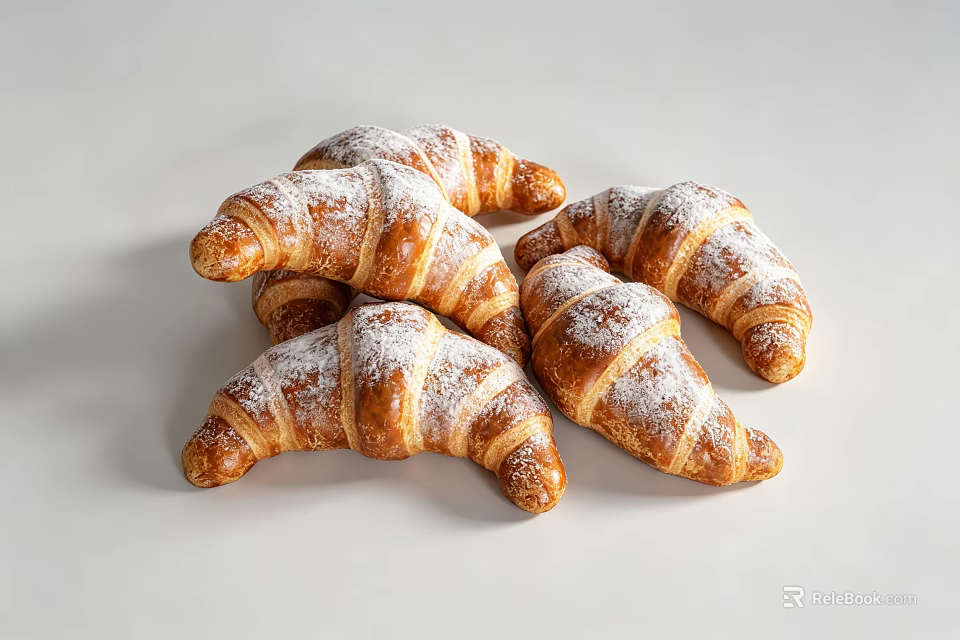 Freshly Baked Golden Flaky Croissants Stacked On White Background With Powdered Sugar 3d model 