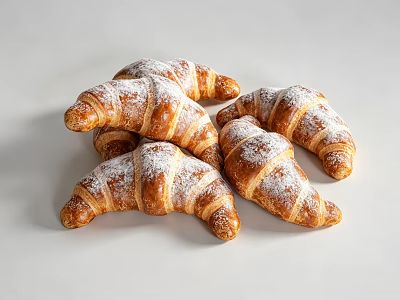 Freshly Baked Golden Flaky Croissants Stacked On White Background With Powdered Sugar 3d model