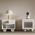White Nightstands With Table Lamp Robot Bear Figurine And Green Wheels