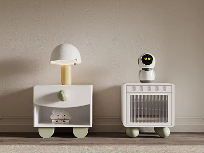 White Nightstands With Table Lamp Robot Bear Figurine And Green Wheels 3d model