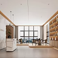 Modern Reception Hall Interior Design With Marble Reception Desk Wooden Shelves And Green Plants