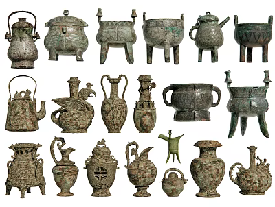 Ancient Style Ceramic Vessels With Diverse Shapes Including Jars Pots And Teapots Featuring Intricate Patterns 3d model