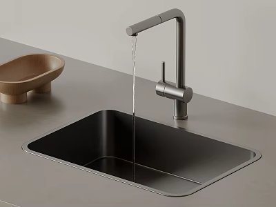 Modern Minimalist Faucet With Water Dripping Into Black Sink On Gray Countertop And Wooden Bowl 3d model