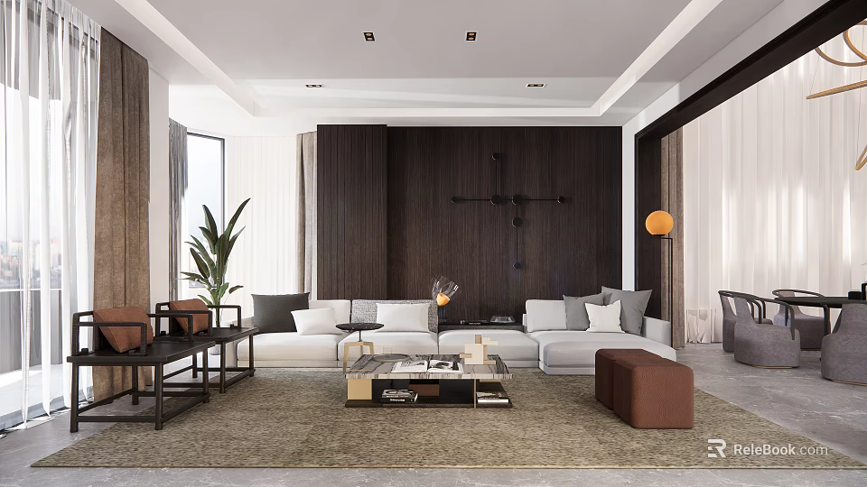 Modern Living Dining Room Interior With Sofa Coffee Table And Wooden Wall 3d model 