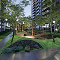 Residential Landscape With High Rise Buildings Lush Trees Green Lawn Wooden Walkway Benches Yellow Cushions