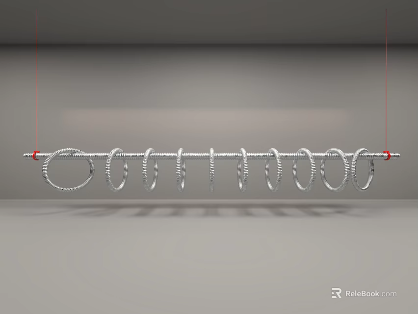 Hanging Art Installation With Silver Circular Rings And Red Ropes On Gray Background 3d model 