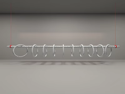 Hanging Art Installation With Silver Circular Rings And Red Ropes On Gray Background 3d model