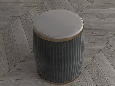 Gray Ribbed Stool With Round Leather Top And Golden Frame On Chevron Wooden Floor 3d model