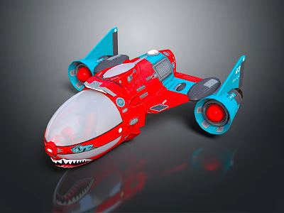 Red And Blue Cartoon Style Water Vehicle With Shark Mouth Design And Transparent Cockpit 3d model