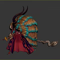 Fantasy Game Character With White Masked Face Brown Horns Feathered Headdress Red Robe And Staff